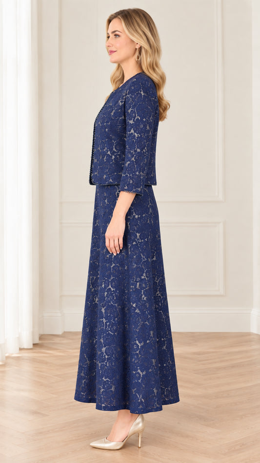 Side profile of navy blue lace evening dress set with 3/4 sleeve jacket