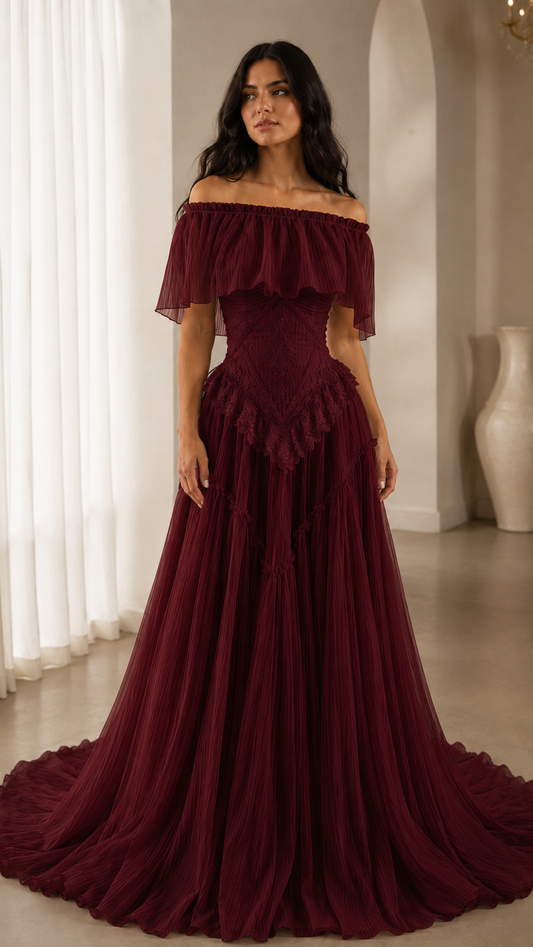 Burgundy off-shoulder ruffle maxi gown with fitted waist and floor-length skirt front view