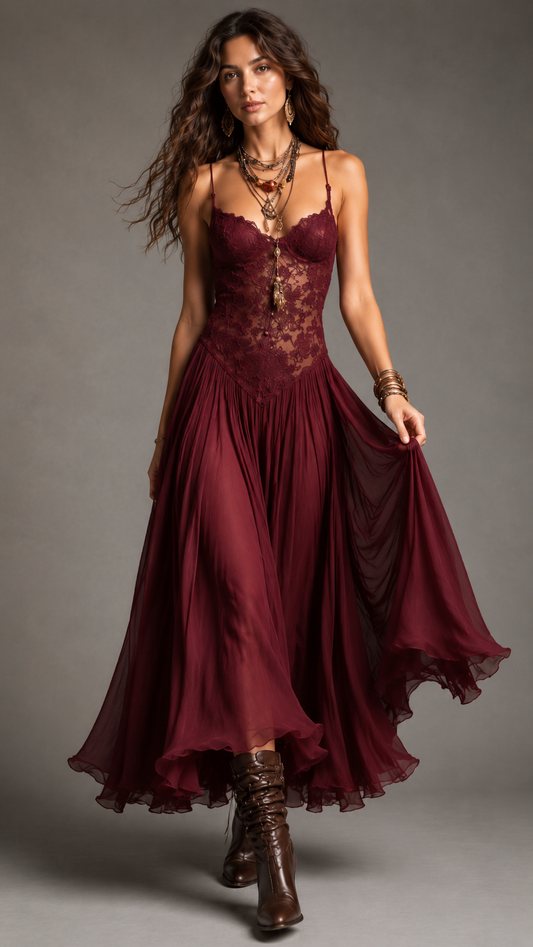 Front view of burgundy lace bustier maxi dress with airy chiffon-look hem