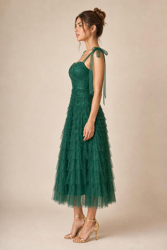 Ethereal Tiered Tulle Midi Dress in Emerald Green side profile