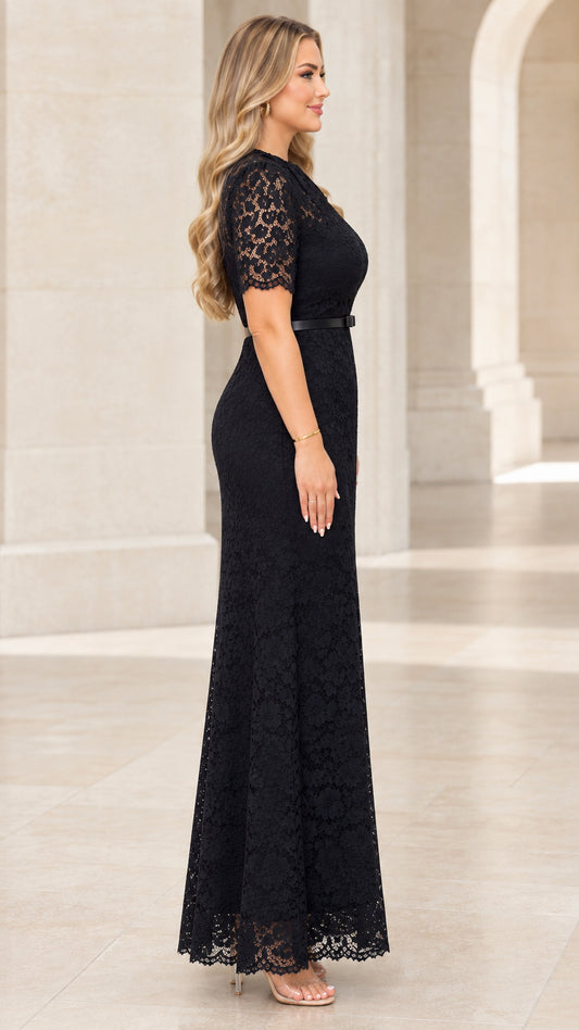 Side profile view of woman modeling Black floral lace evening gown