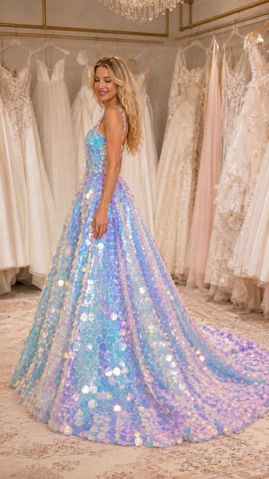 Side view of iridescent blue sequin formal gown with fitted bodice and sweeping train