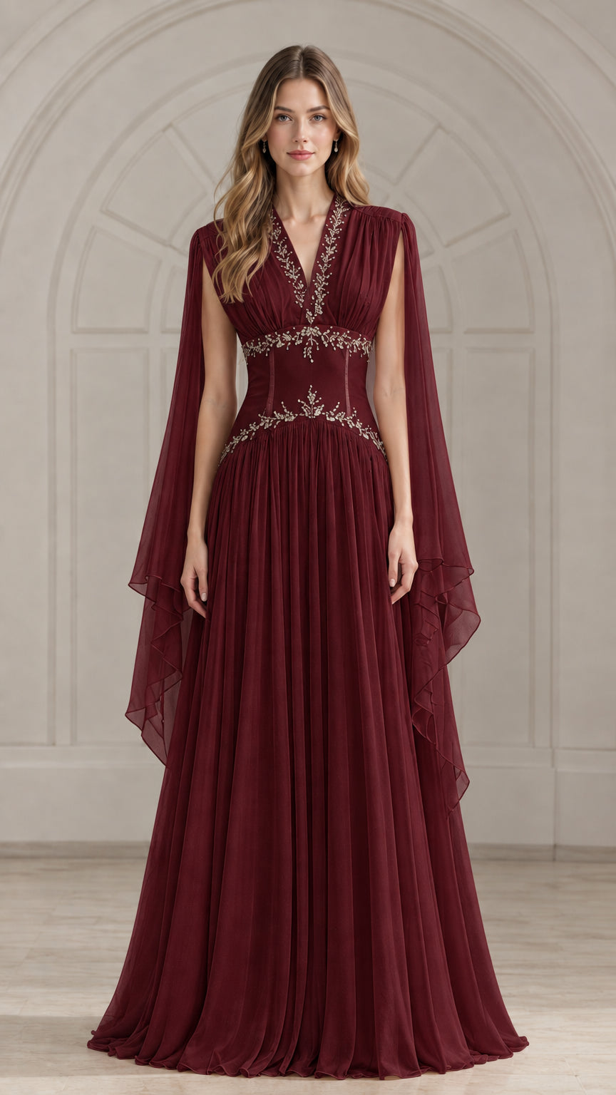Front view of burgundy red beaded V-neck cape sleeve chiffon formal gown
