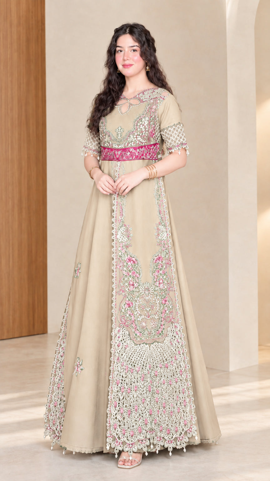 Front full view of woman wearing champagne beige embroidered maxi dress