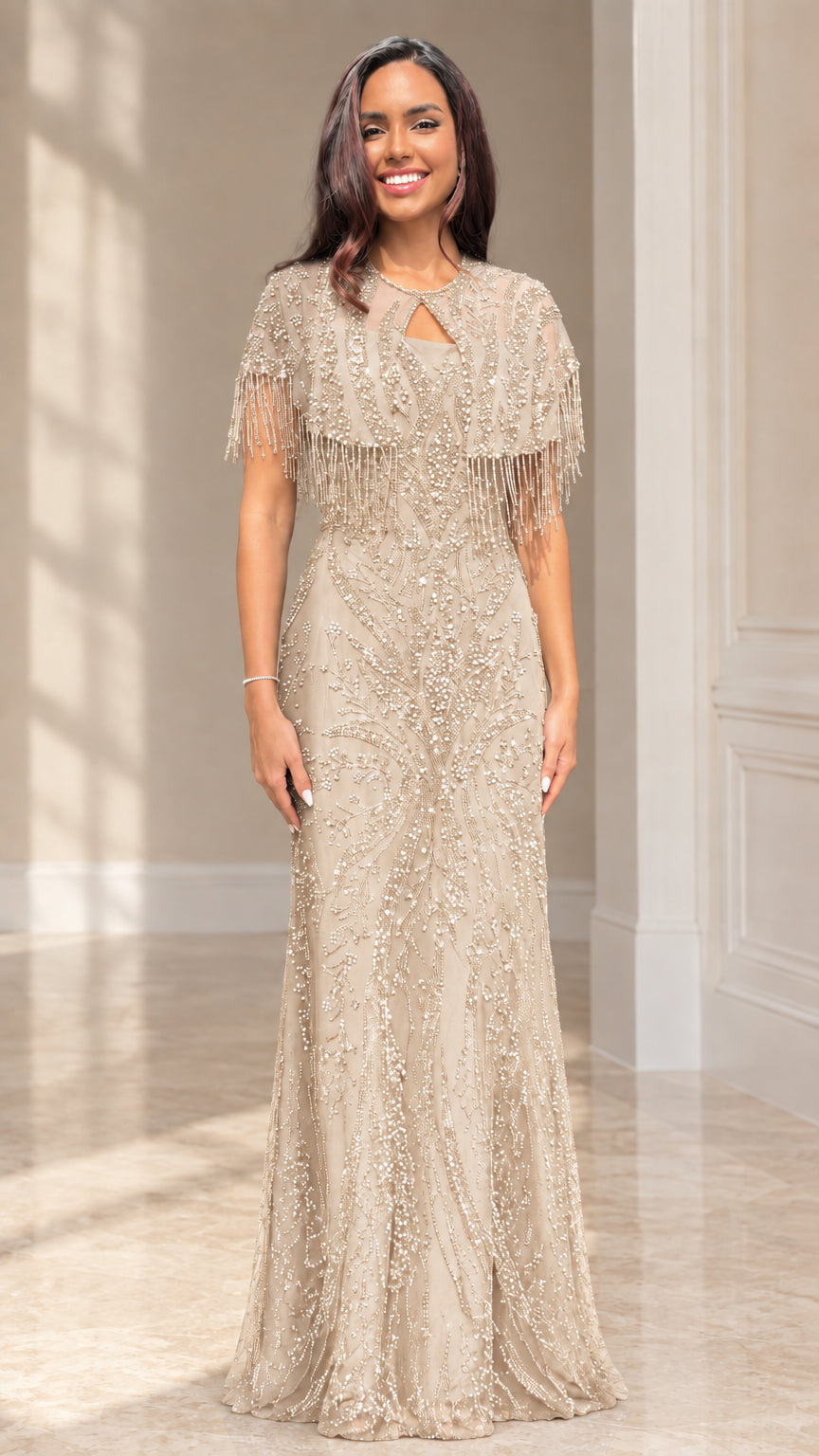 Champagne gold embellished evening gown with tassel fringe capelet