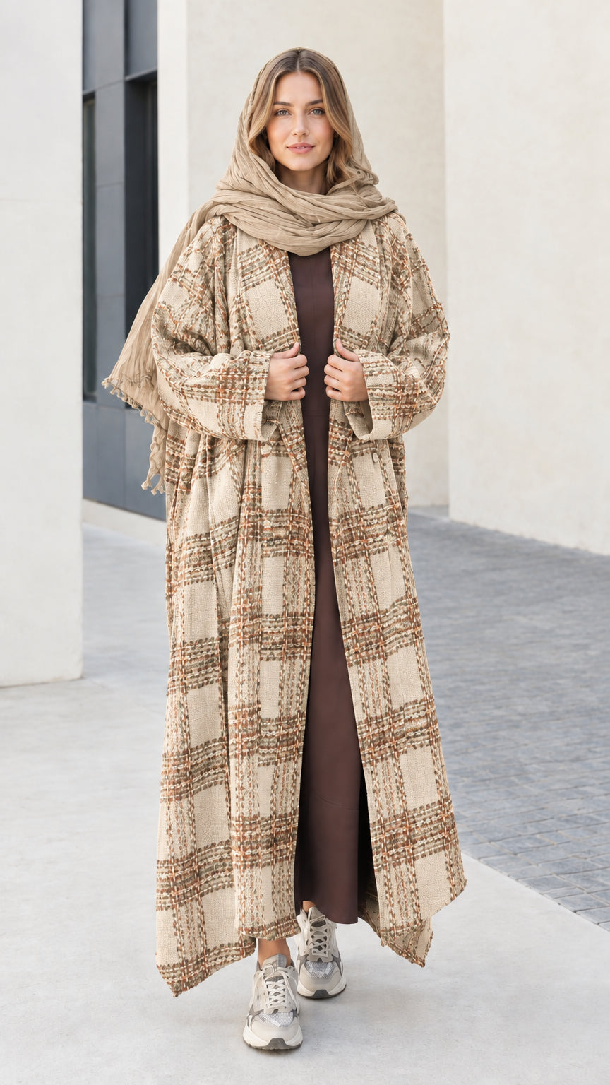 Full length view of beige cream plaid open front maxi coat