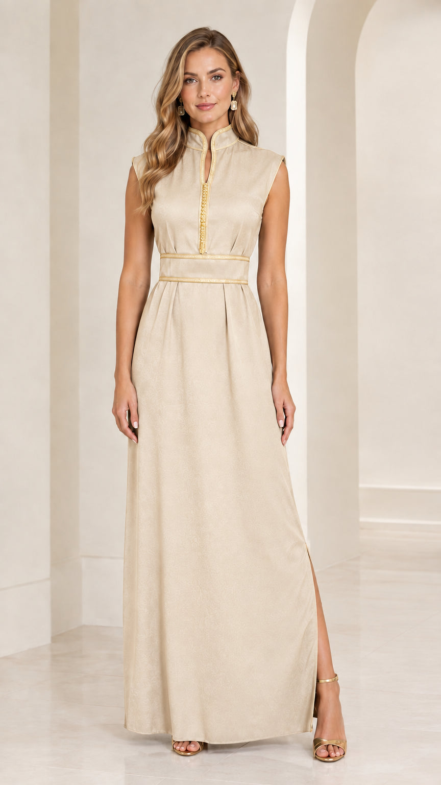 Front view of champagne beige sleeveless mandarin collar maxi dress with gold trim