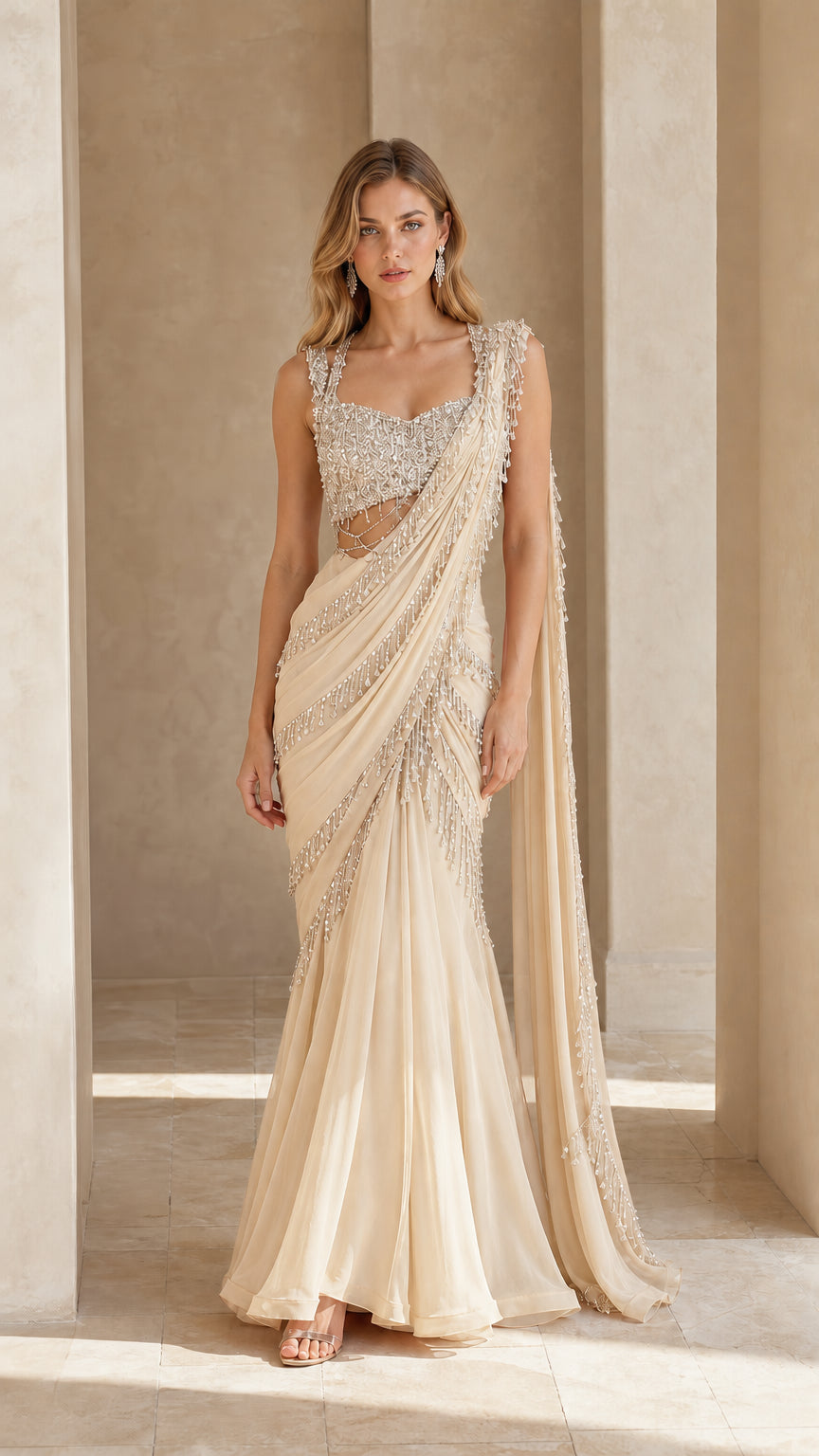 Front full view of champagne cream embellished pre-draped saree evening gown
