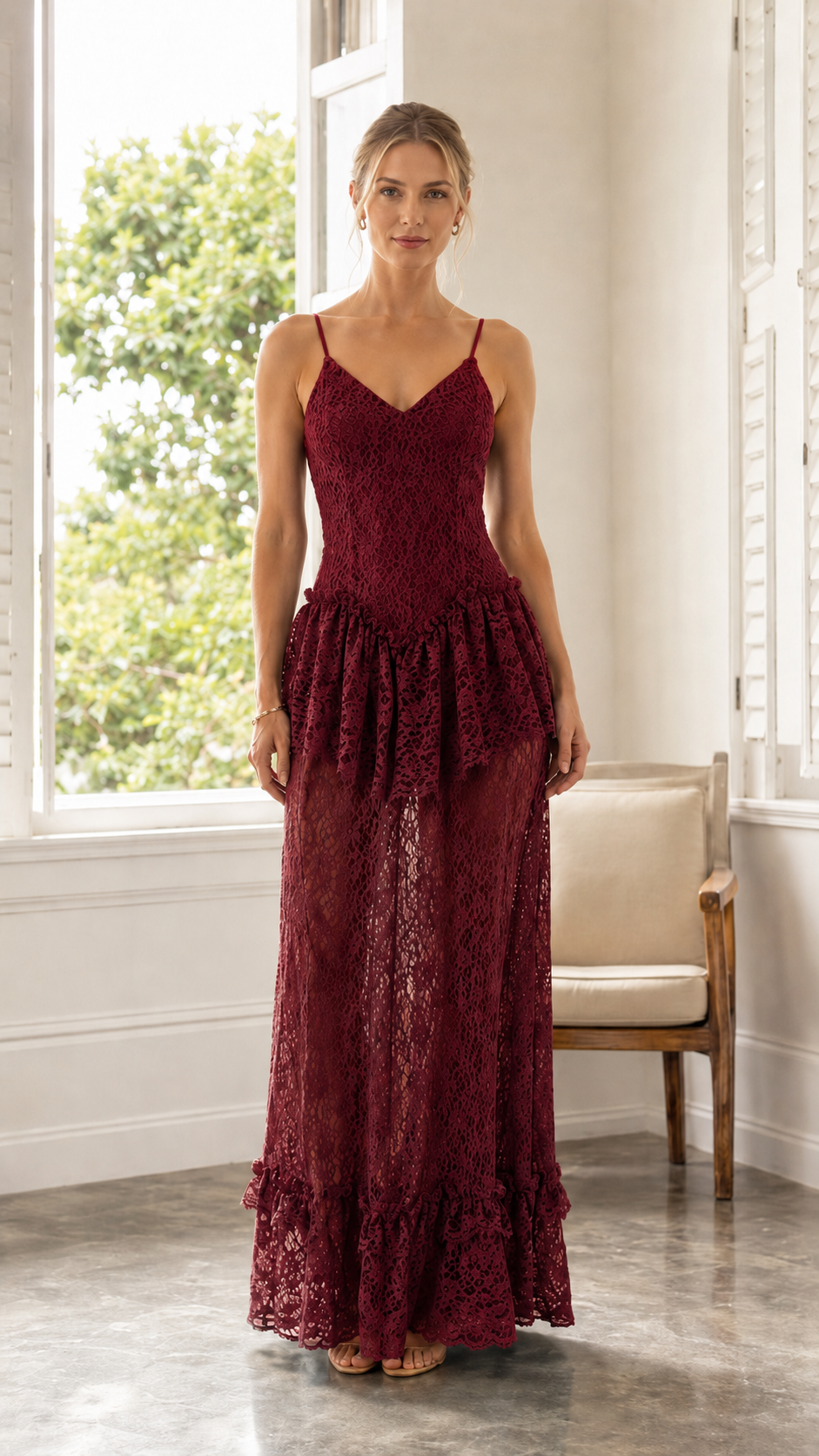 Front view of burgundy lace cami maxi dress with floral lace texture