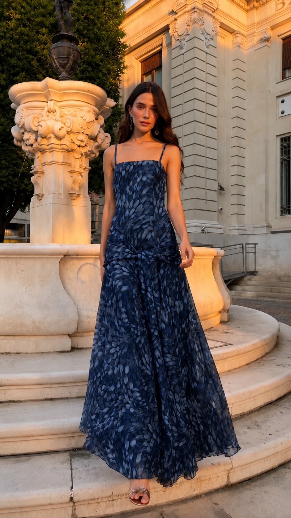 Front view of navy printed square neck spaghetti strap maxi dress