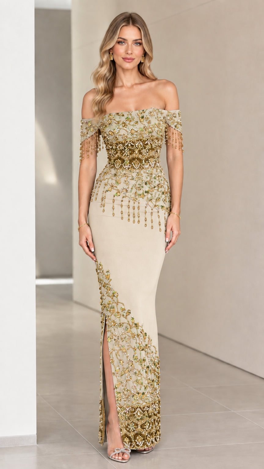 Champagne beige off-the-shoulder embellished formal evening maxi dress