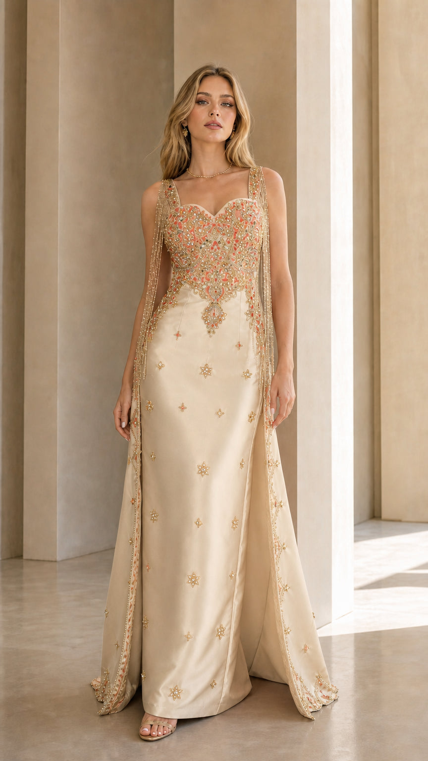Champagne variant of the embellished evening gown
