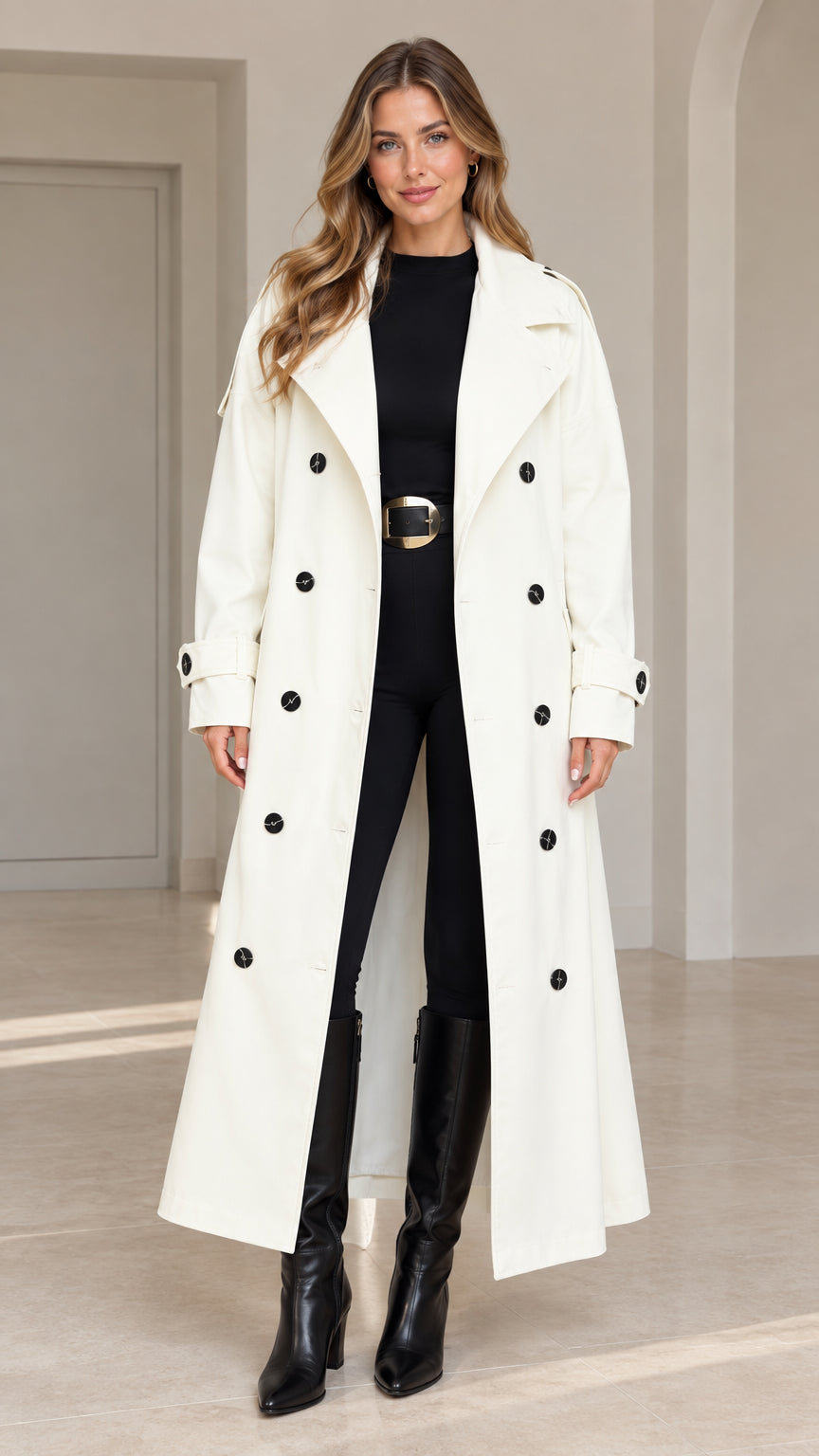 Front full-length view of woman wearing white maxi double-breasted trench coat with black boots