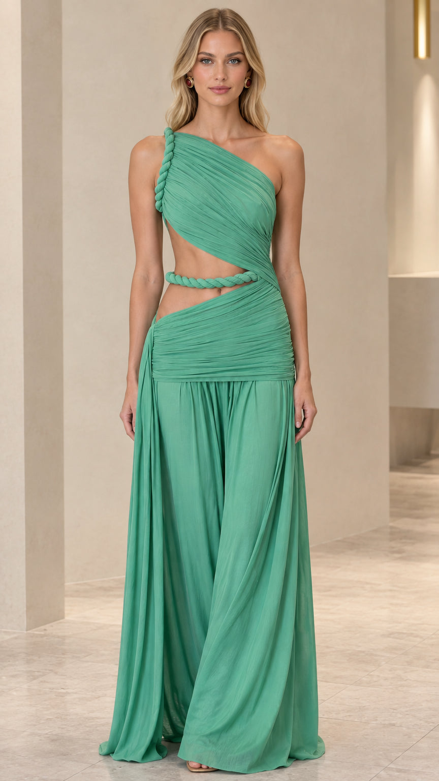 Front full-length view of woman wearing mint green one-shoulder pleated cutout jumpsuit