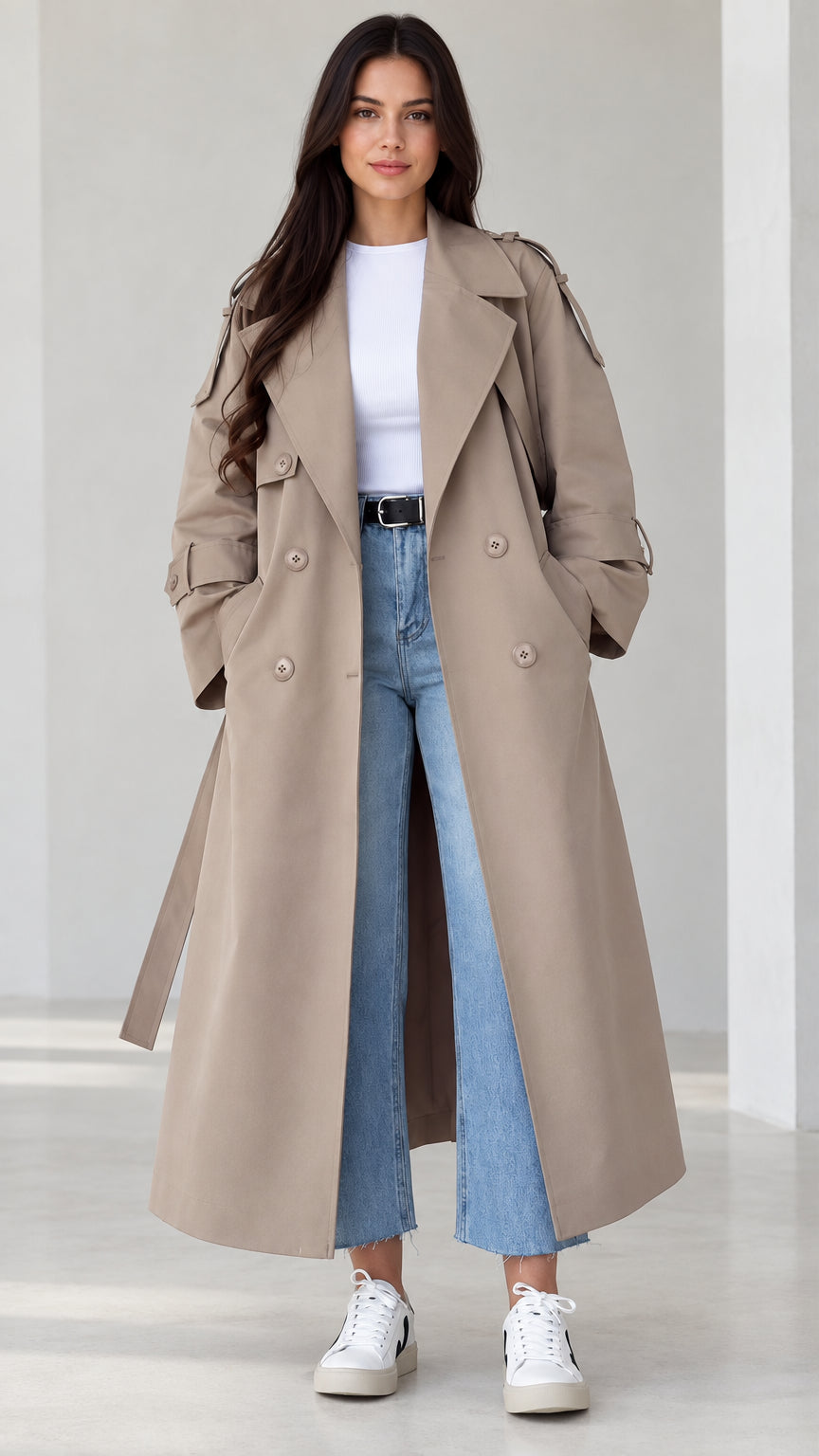 Front view of model wearing beige longline belted trench coat with jeans and white sneakers