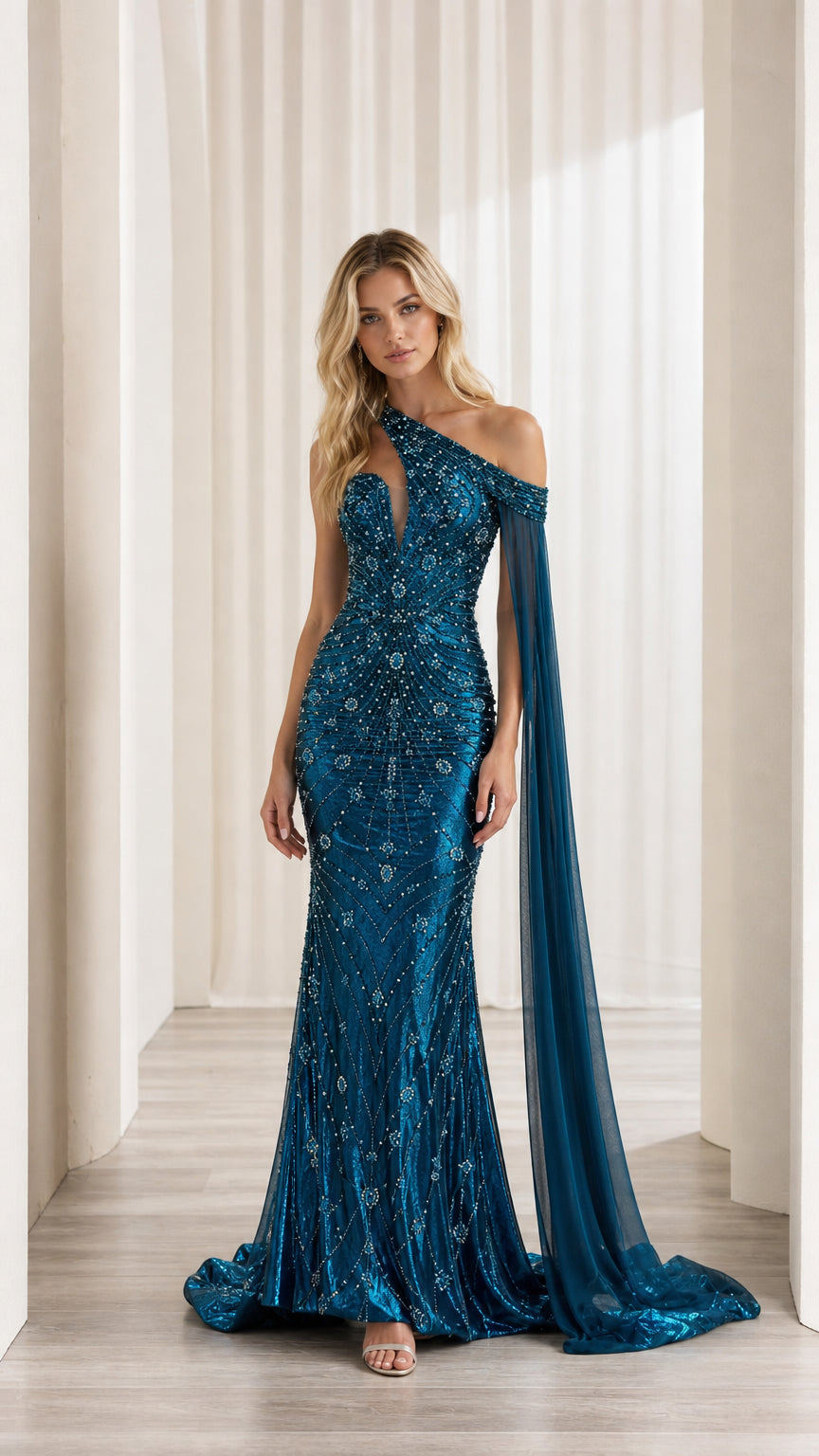 Front full view of woman wearing teal blue one-shoulder beaded mermaid gown with cape sleeve
