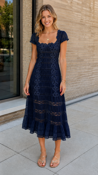 Front view of navy scallop neck lace panel midi dress with short puff sleeves