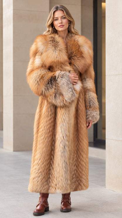 Front full-length view of woman wearing honey brown plush faux fur maxi coat with boots