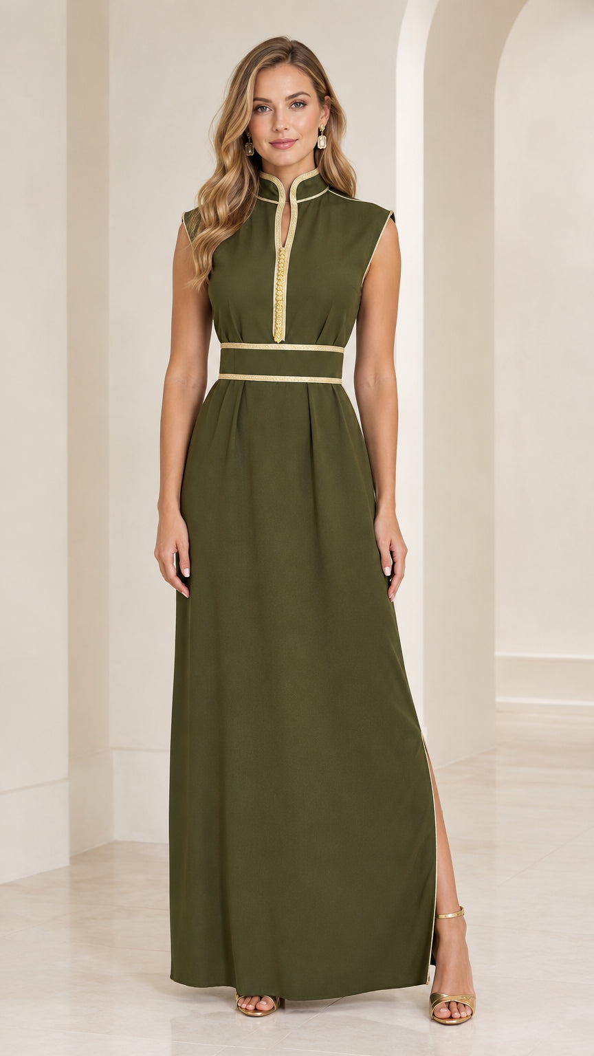 Front view of woman wearing olive green sleeveless mandarin collar maxi dress with gold braid trim
