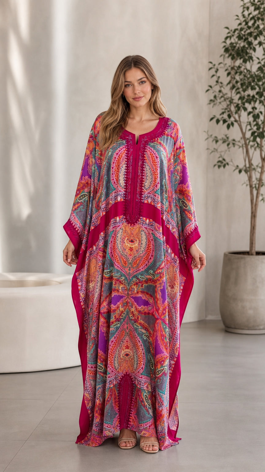 Front view of model wearing Fuchsia paisley embroidered kaftan maxi dress