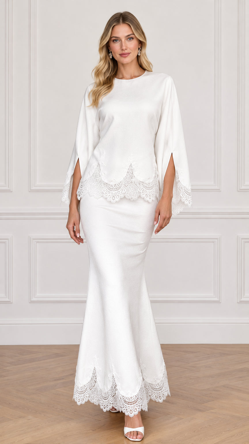 White two-piece evening set with split sleeves and lace trim front view