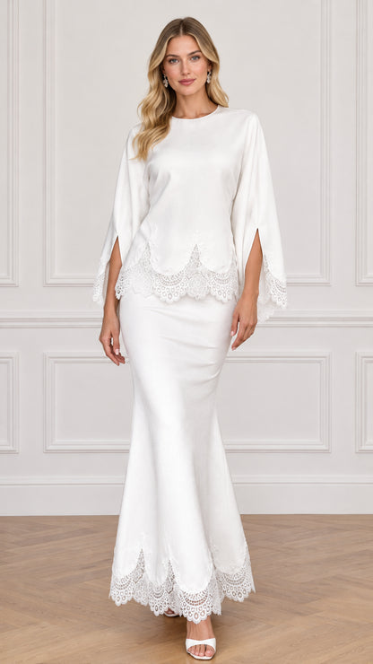 White two-piece evening set with split sleeves and lace trim front view