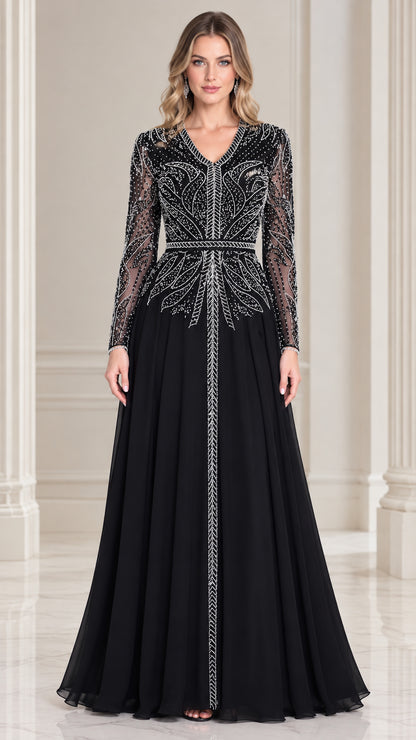 Front view of model wearing black beaded long sleeve V-neck evening gown