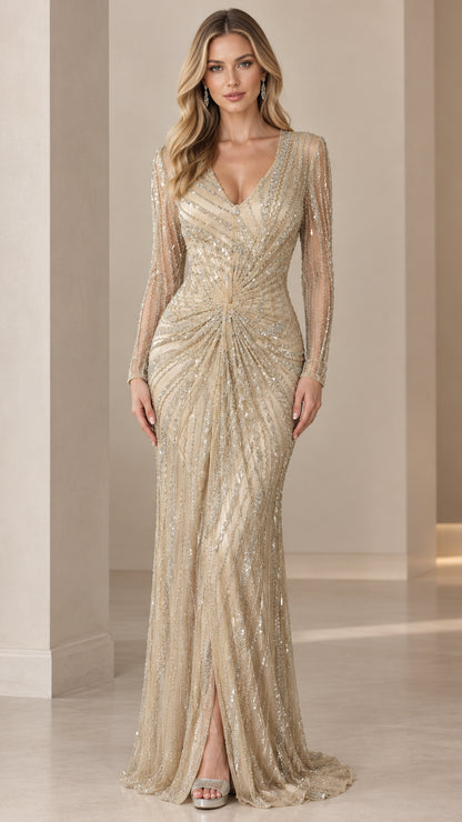 Front view of champagne long sleeve sequin evening gown on model