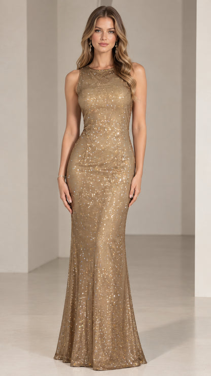 Front view of model wearing gold sleeveless sequin mermaid evening gown