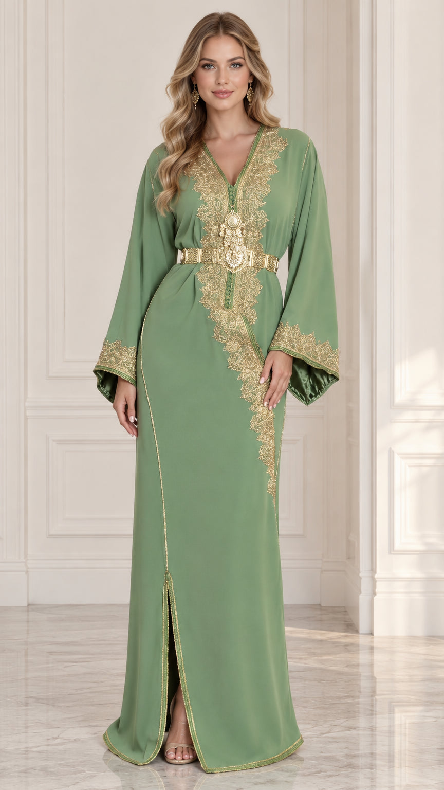 Front view of model wearing sage green Moroccan kaftan dress with gold embroidery and belt