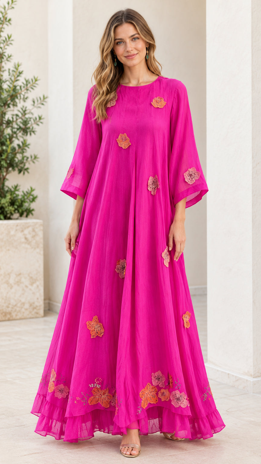 Fuchsia floral applique tiered A-line maxi dress front view