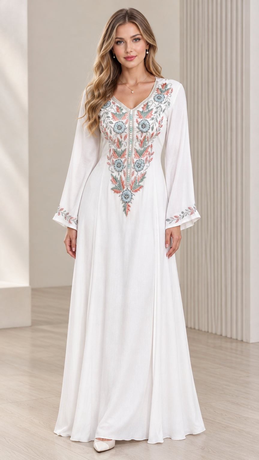 White embroidered V-neck bell sleeve maxi dress front view