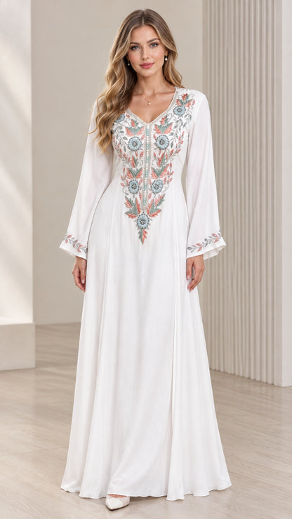 White embroidered V-neck bell sleeve maxi dress front view