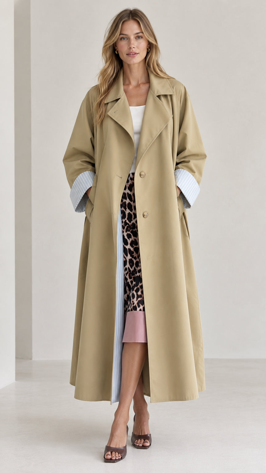 Front view of woman wearing long khaki trench coat with turned-up pinstriped cuffs