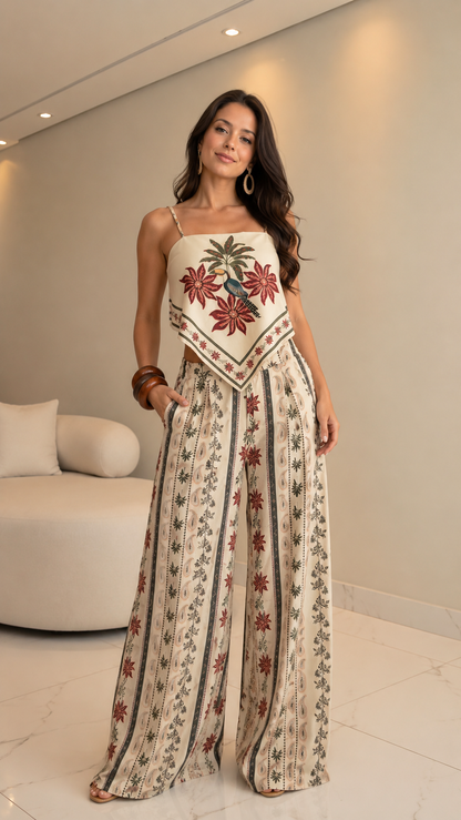 Front view of ivory floral print handkerchief cami top and wide leg pants set