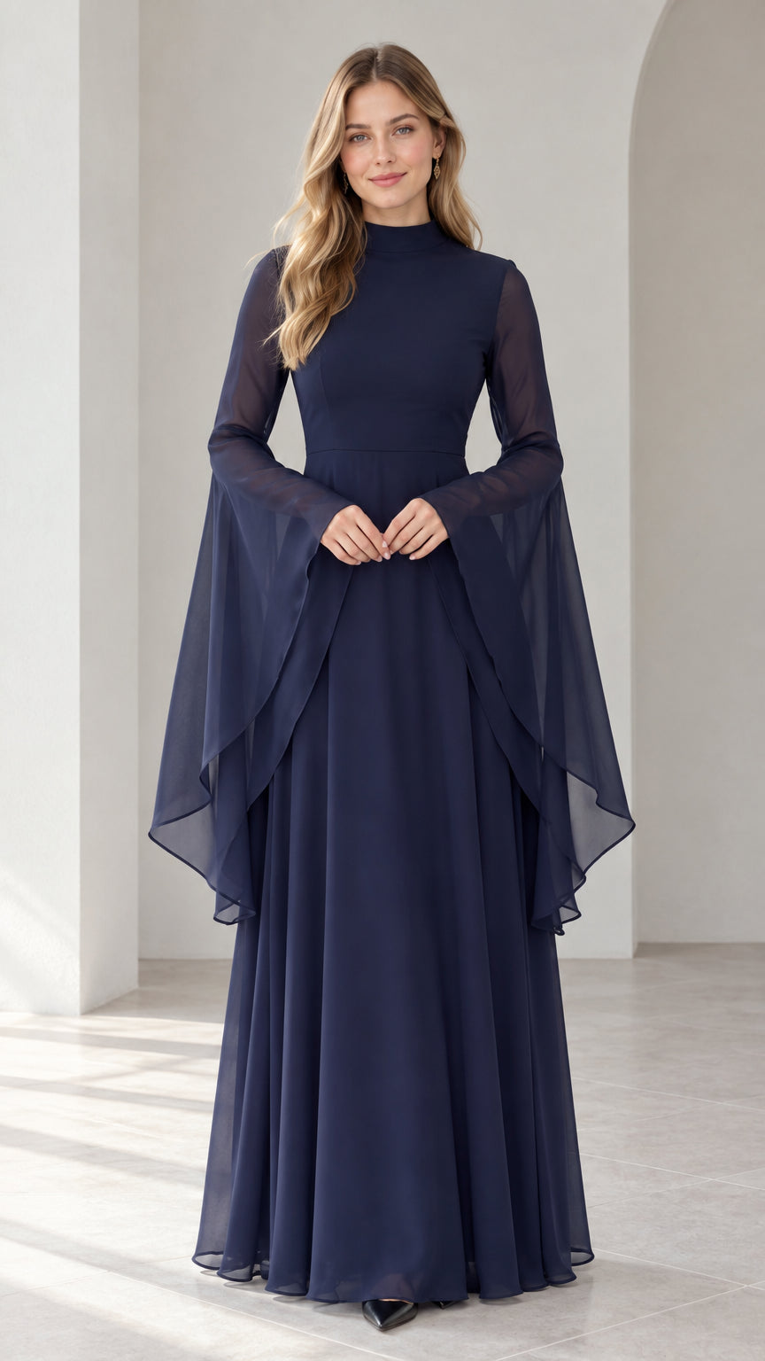 Front view of woman wearing navy blue mock neck chiffon maxi dress with long flowing bell sleeves