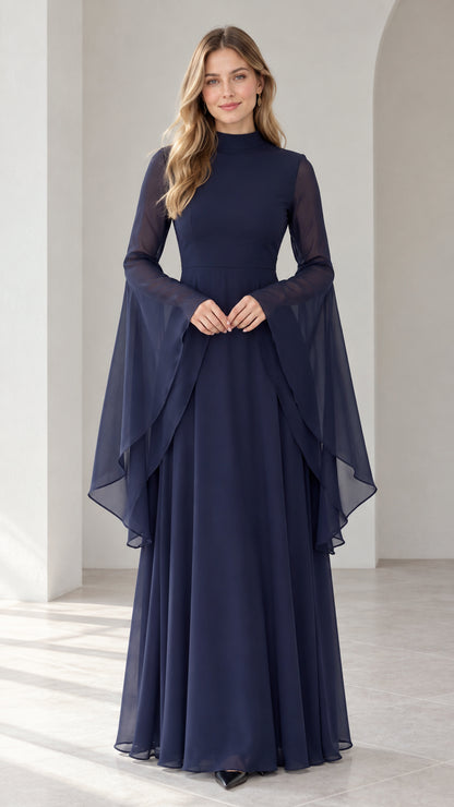 Front view of woman wearing navy blue mock neck chiffon maxi dress with long flowing bell sleeves