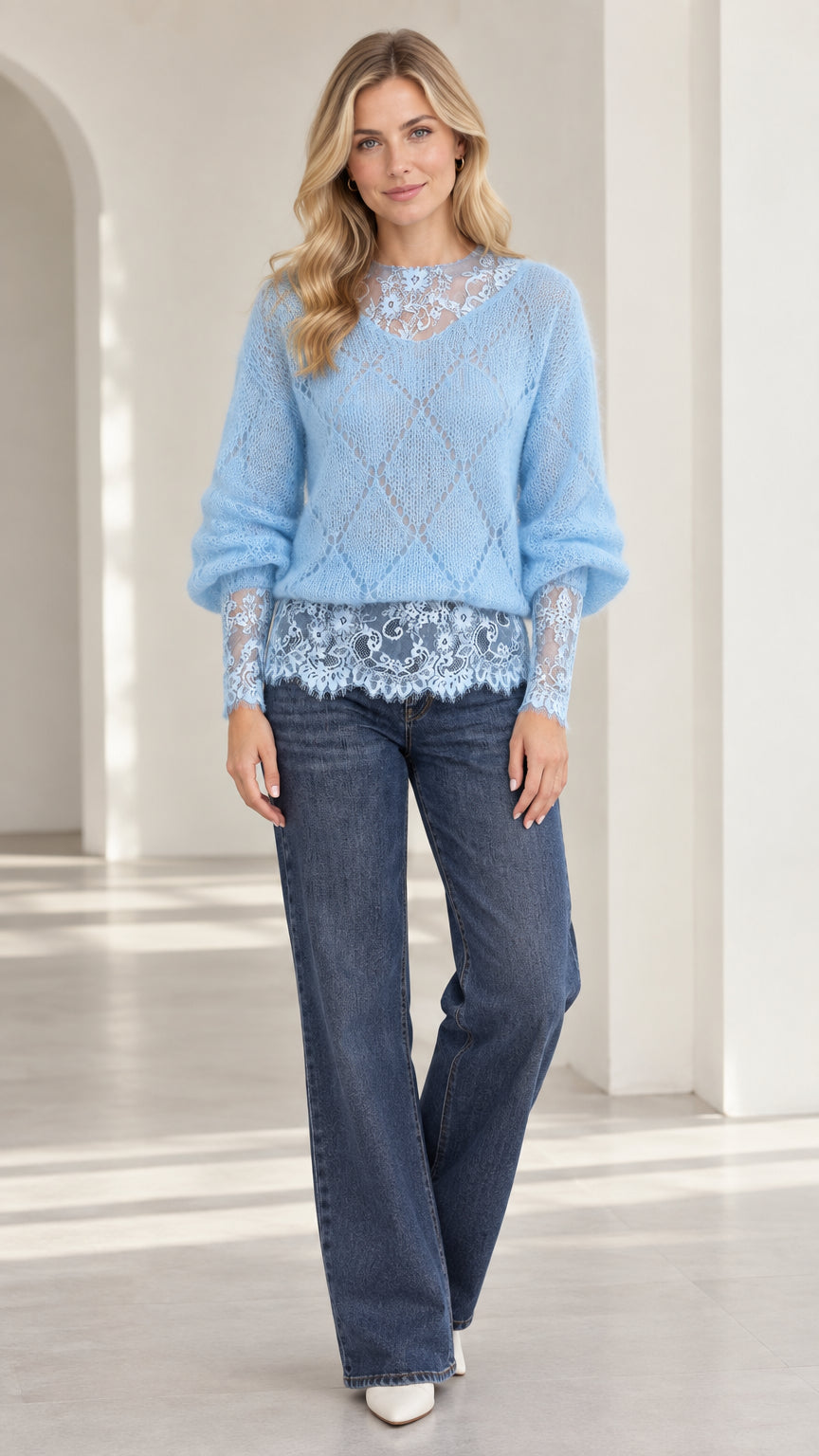 Light blue women's diamond knit sweater with floral lace trim paired with wide-leg jeans