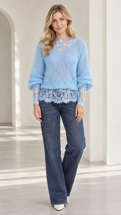 Light blue women's diamond knit sweater with floral lace trim paired with wide-leg jeans