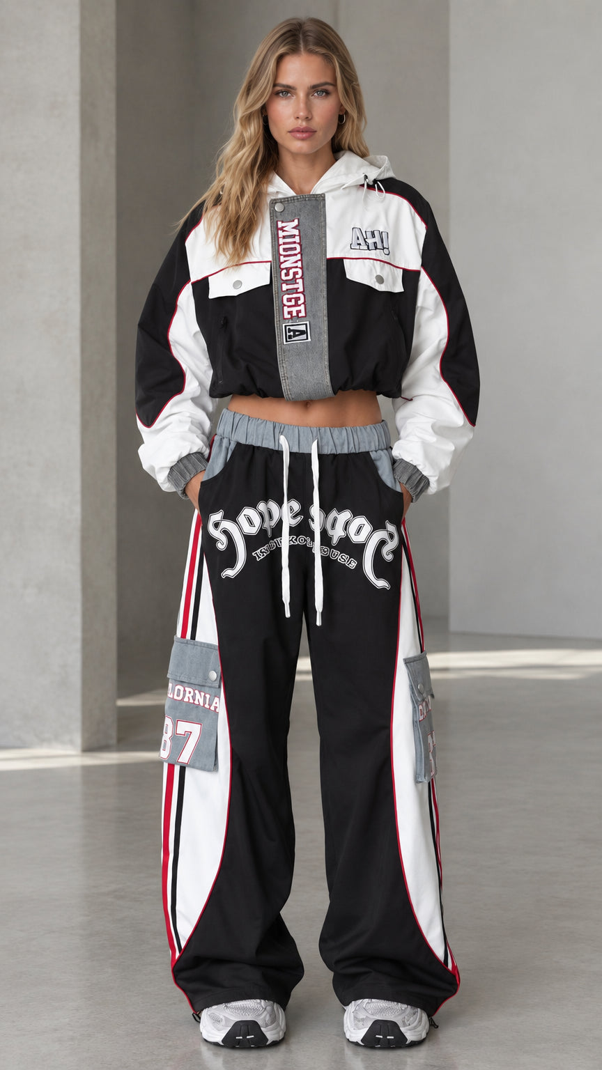 Front view of model wearing black cropped hooded jacket and wide-leg cargo track pants set