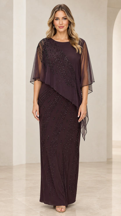 Front view of model wearing Plum beaded capelet maxi dress