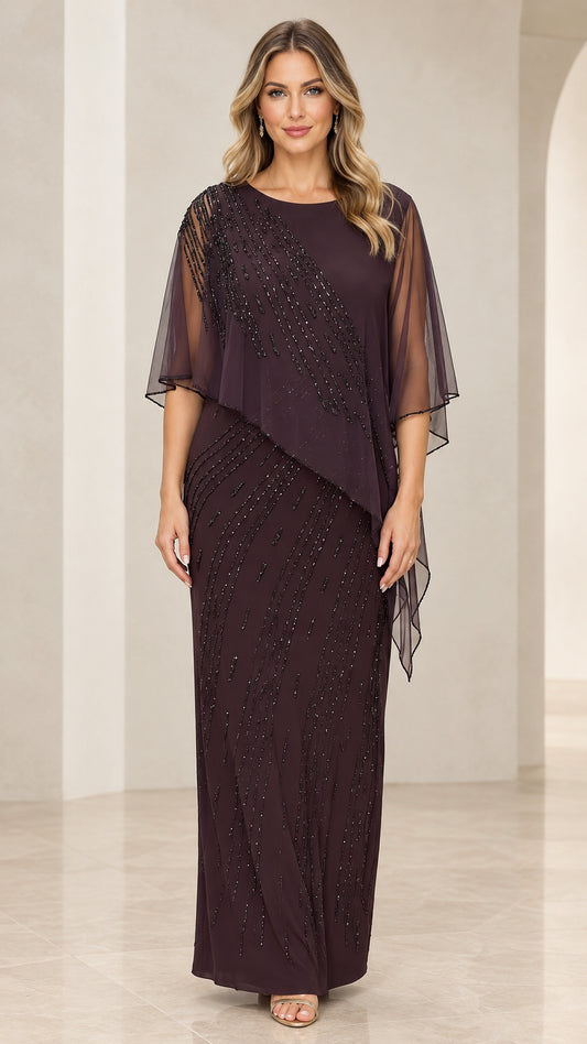 Front view of model wearing Plum beaded capelet maxi dress