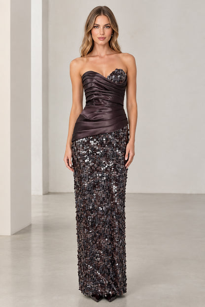 Front view of woman wearing strapless espresso brown satin and sequin column gown