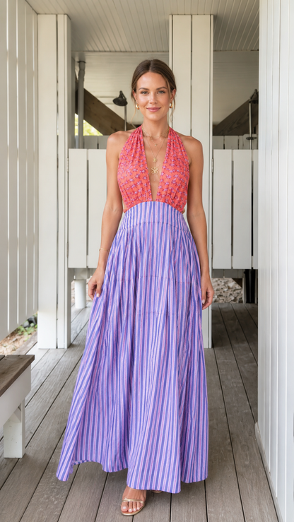 Front view of coral and lavender pleated halter backless maxi dress