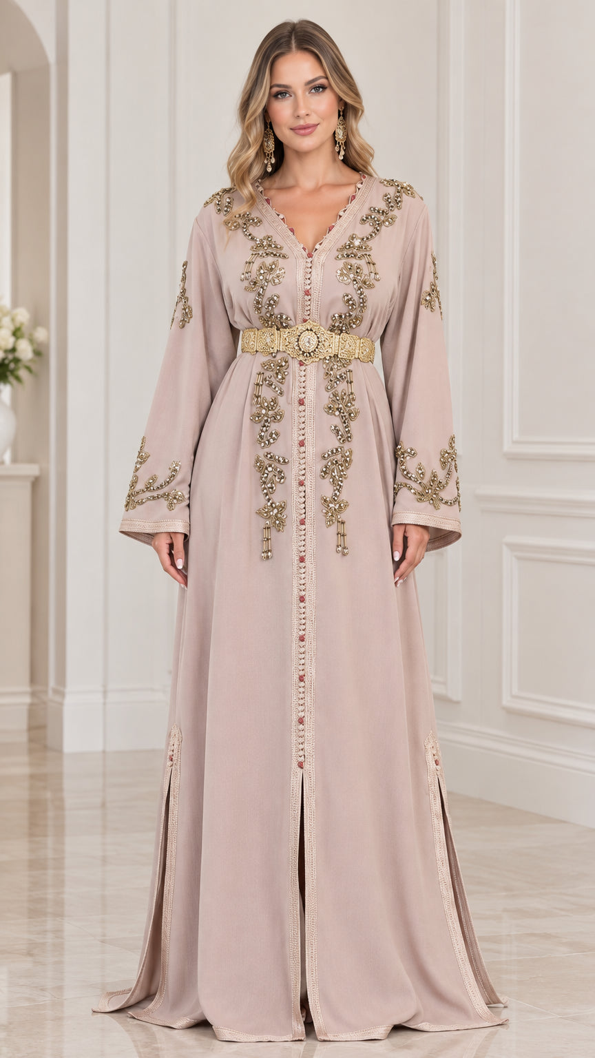 Front view of woman wearing Dusty Pink Moroccan embroidered kaftan maxi dress with gold belt