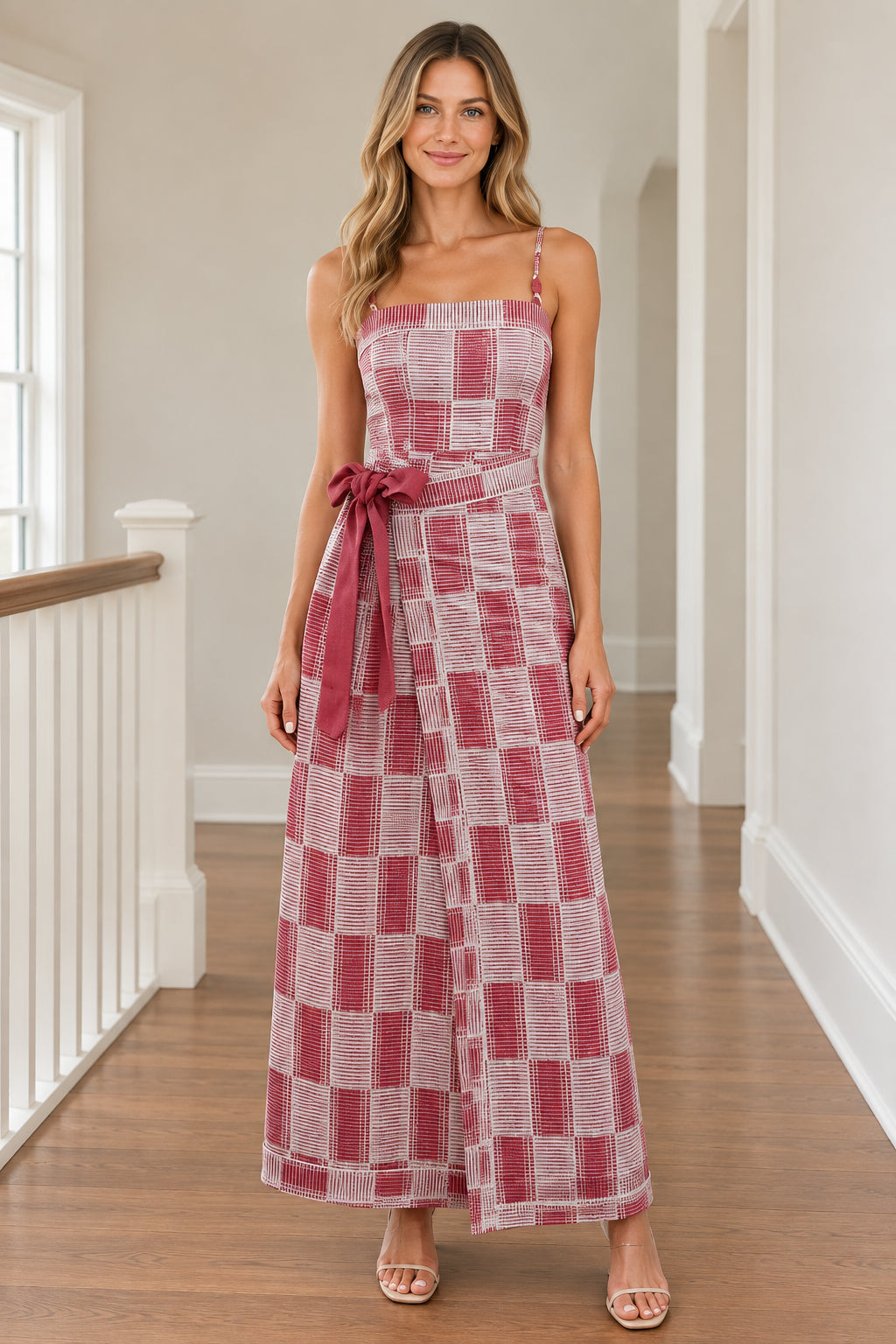 Front view of woman wearing Dusty Rose geometric plaid wide-leg jumpsuit with waist tie