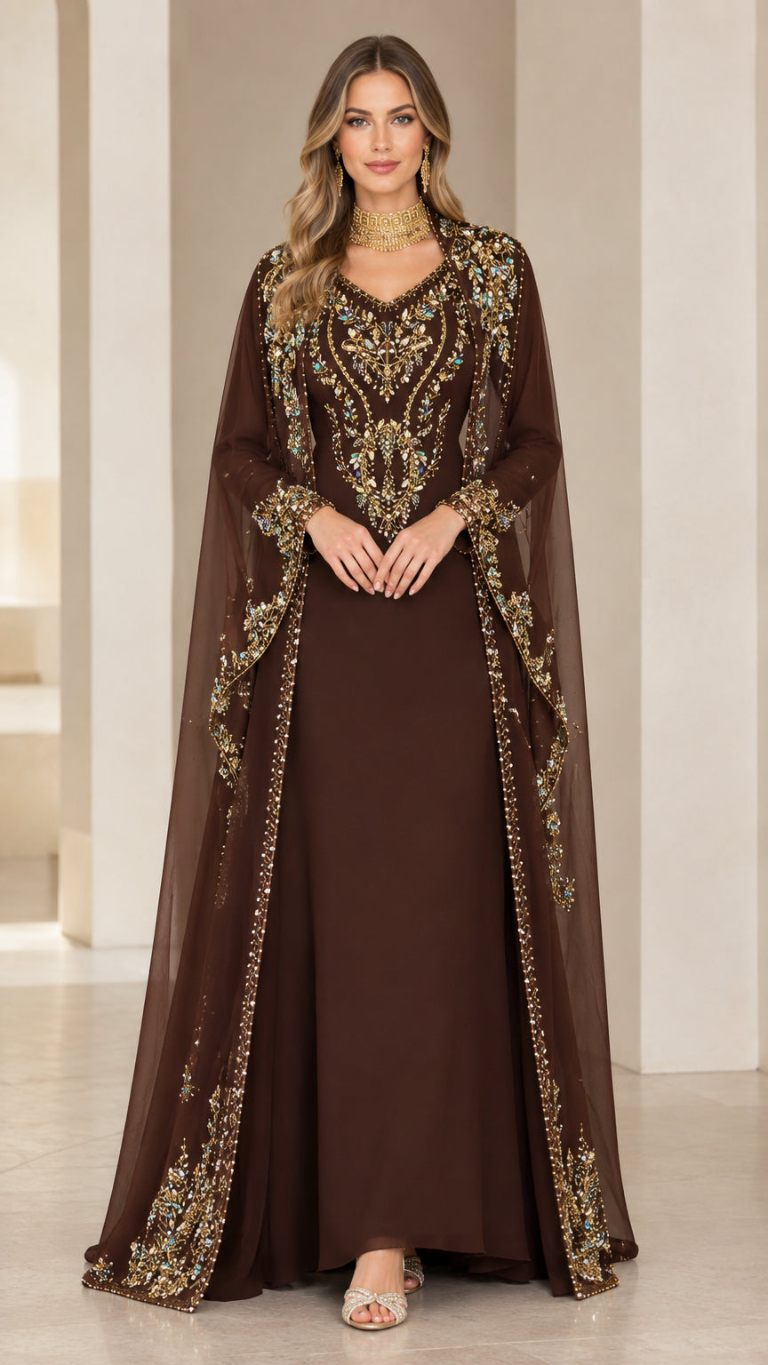 Front full-length view of woman wearing chocolate brown embellished cape evening maxi dress