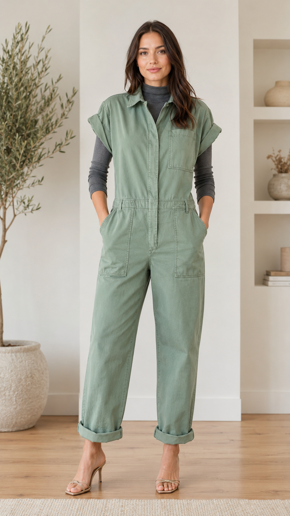 Front view of sage utility jumpsuit with rolled sleeves, collared neckline, elastic waist, and cuffed legs