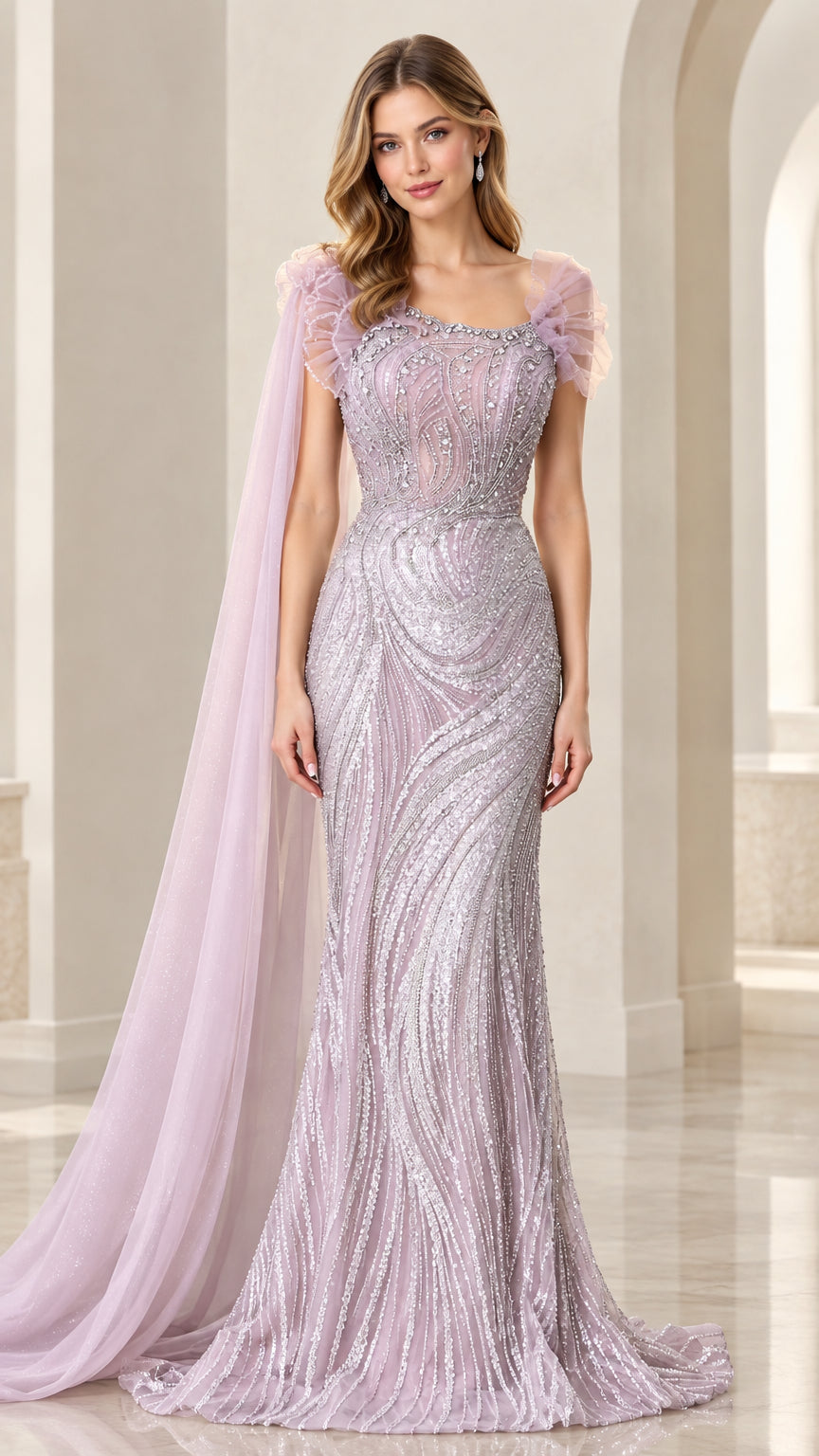 Front view of lavender sequined mermaid evening gown with cape sleeves