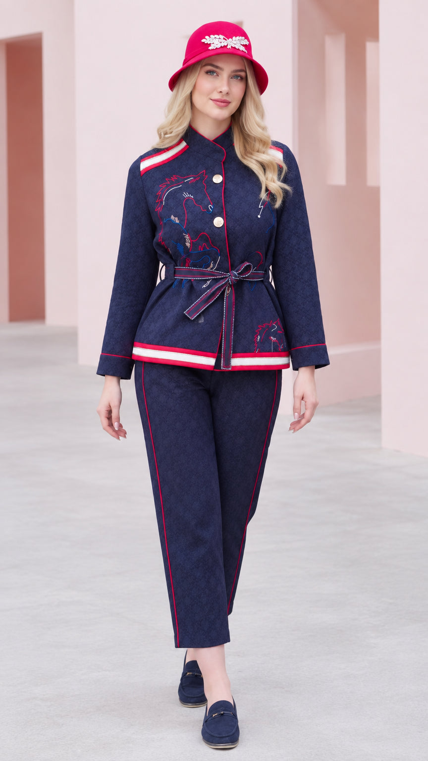 Navy blue embroidered belted jacket and matching trouser two-piece set front view